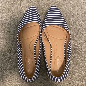 Navy blue and White striped slip ons